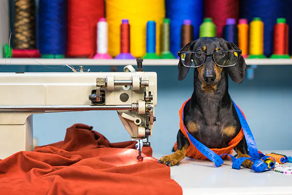Dachshund at a sewing machine trying to figure out a quilt pattern.
